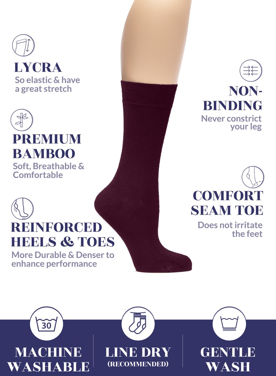 Maroon sock with features listed on a white background